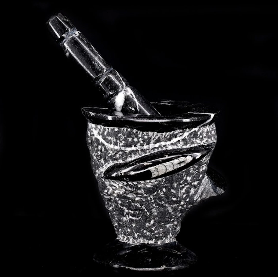 High quality fossil stone mortar and pestle from Morocco...