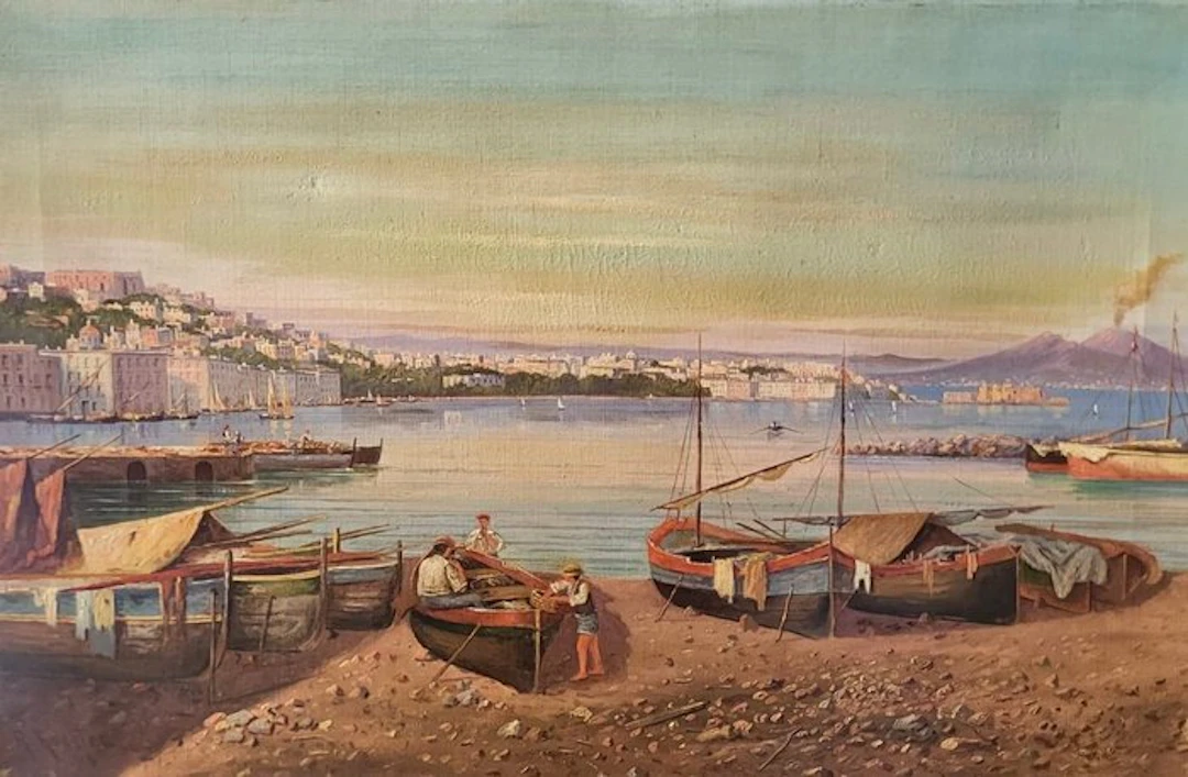 Italian school (XX) - Veduta del golfo di napoli con barche e pescatori