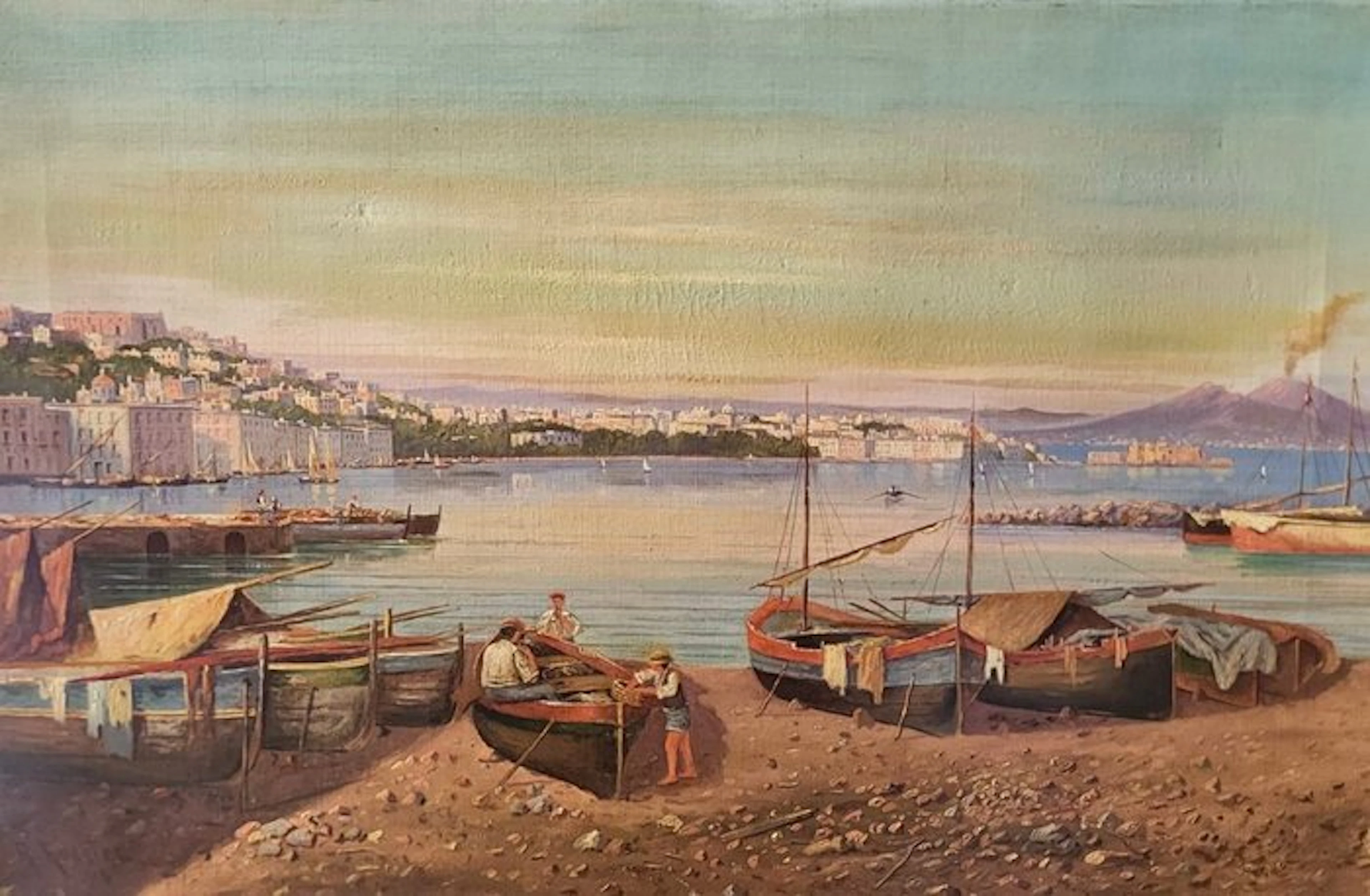 Italian school (XX) - Veduta del golfo di napoli con barche e pescatori