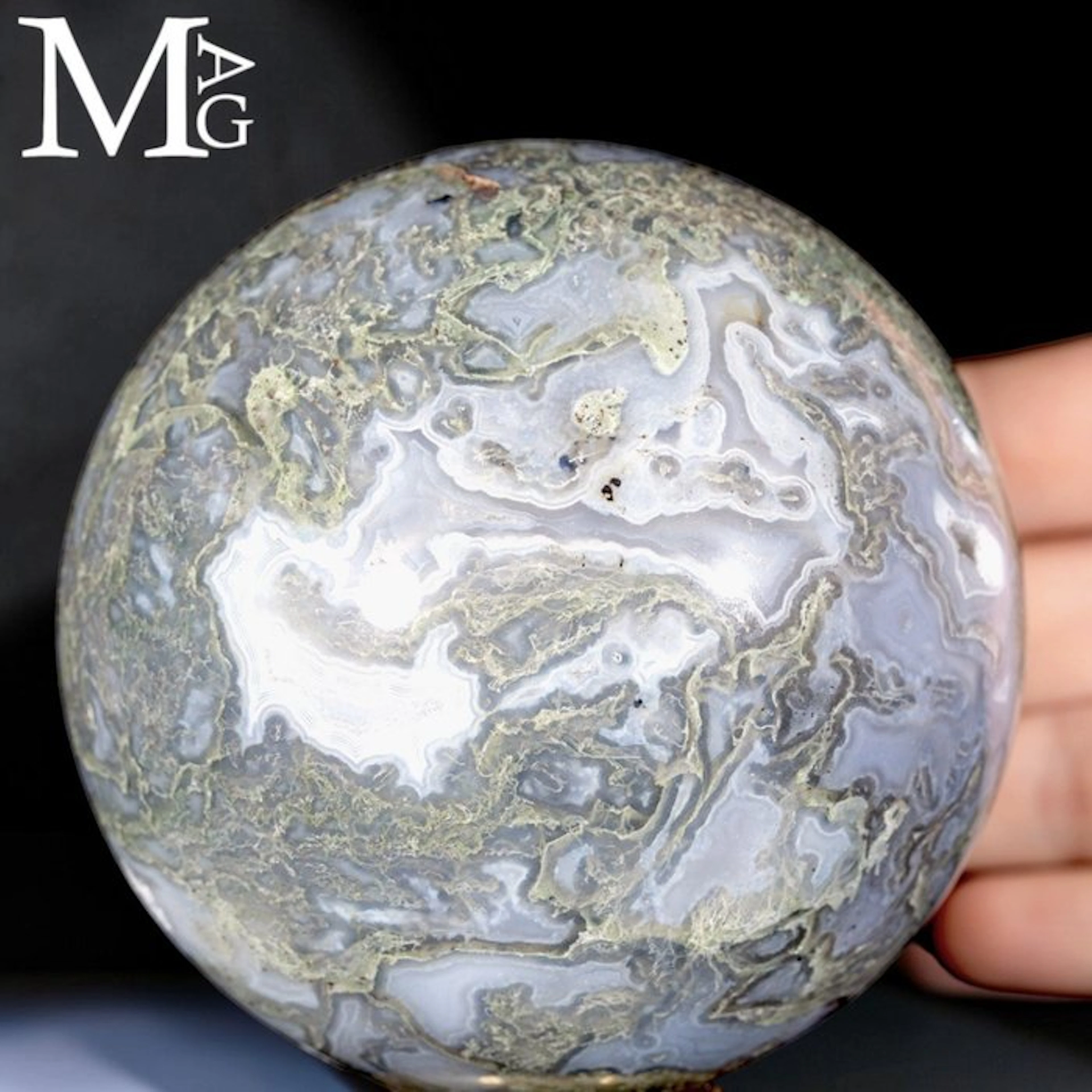 Moss Agate Sphere with Natural Druzy Cavities Dendritic...