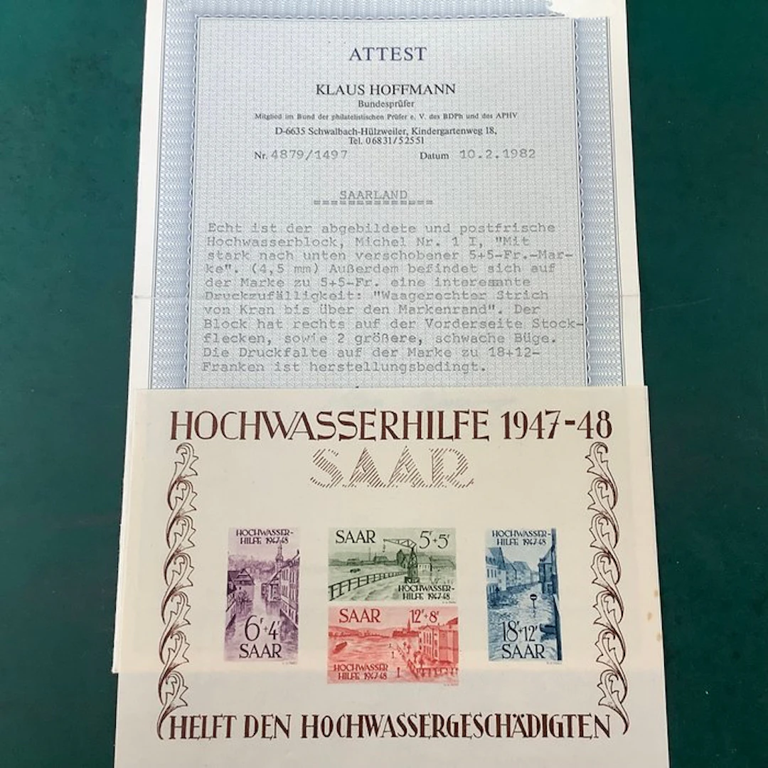 Saarland 1948 - High-water block with plate error shifted...