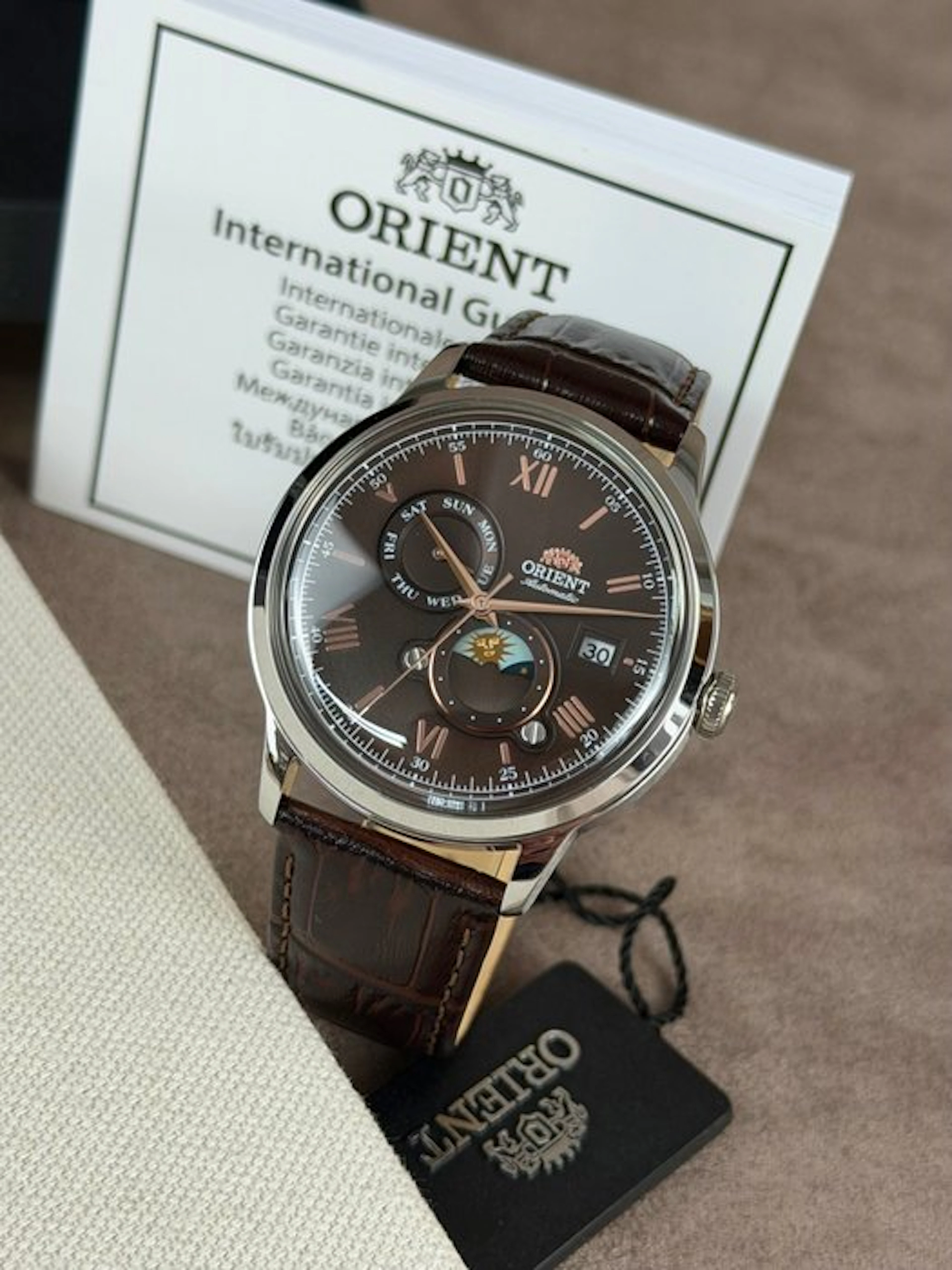 Orient - Bambino 'Sun & Moon' Day/date Automatic Brown...