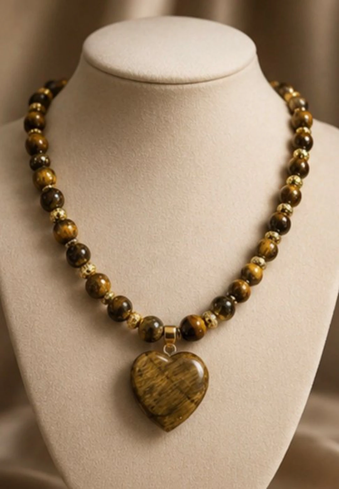 Elegant Tiger’s Eye Necklace with Heart Pendant - Necklace