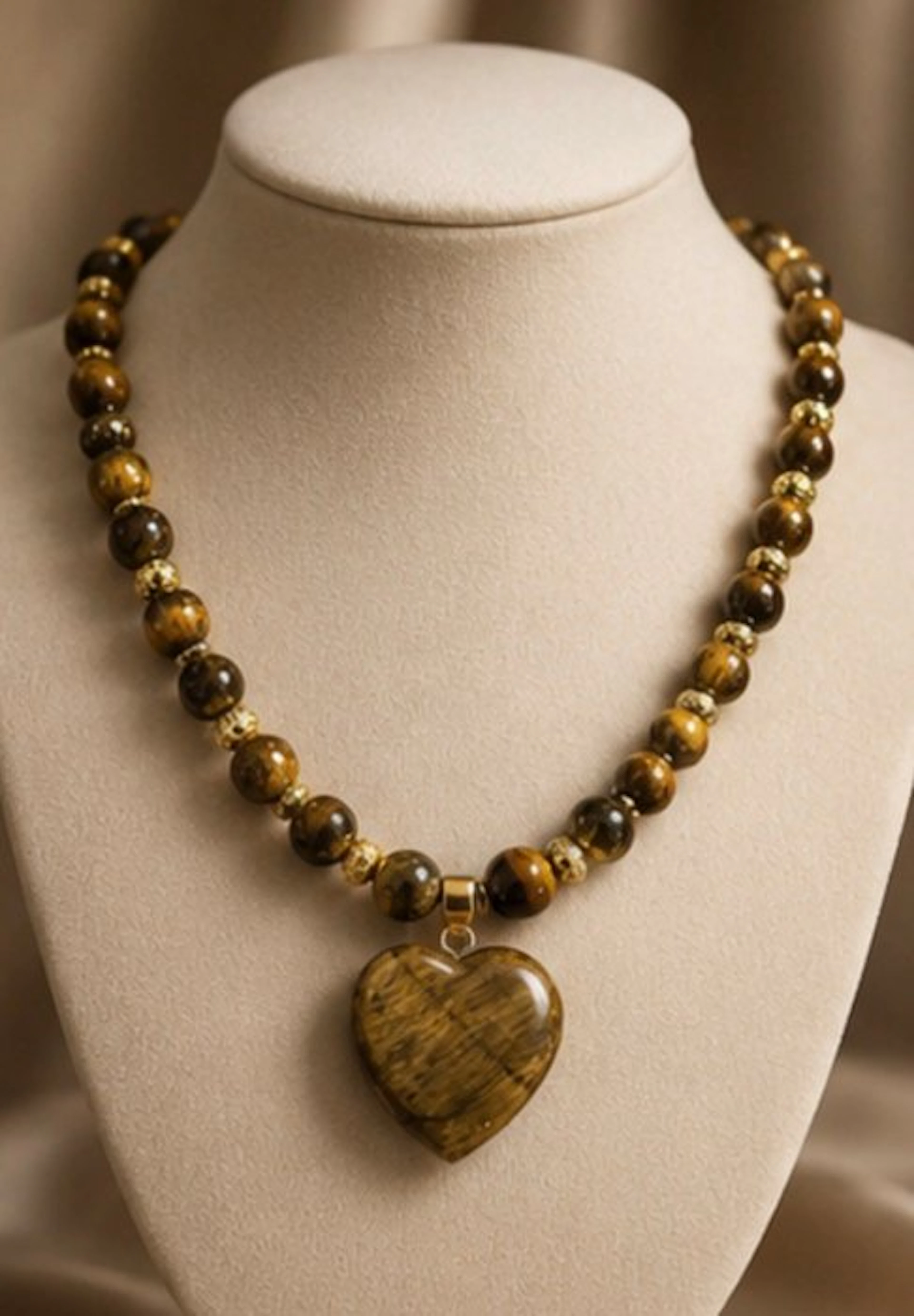 Elegant Tiger’s Eye Necklace with Heart Pendant - Necklace