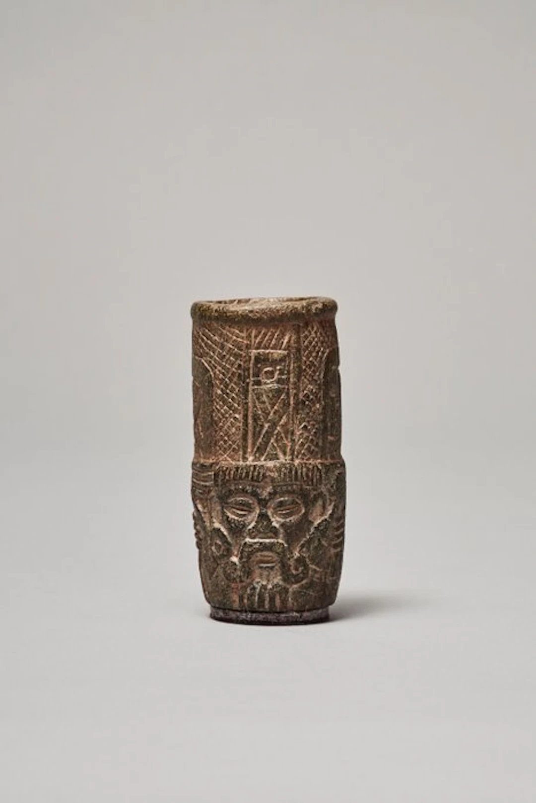 Pre-Columbian - Maya Stone Face Cylinder Vessel With Spanish Export License