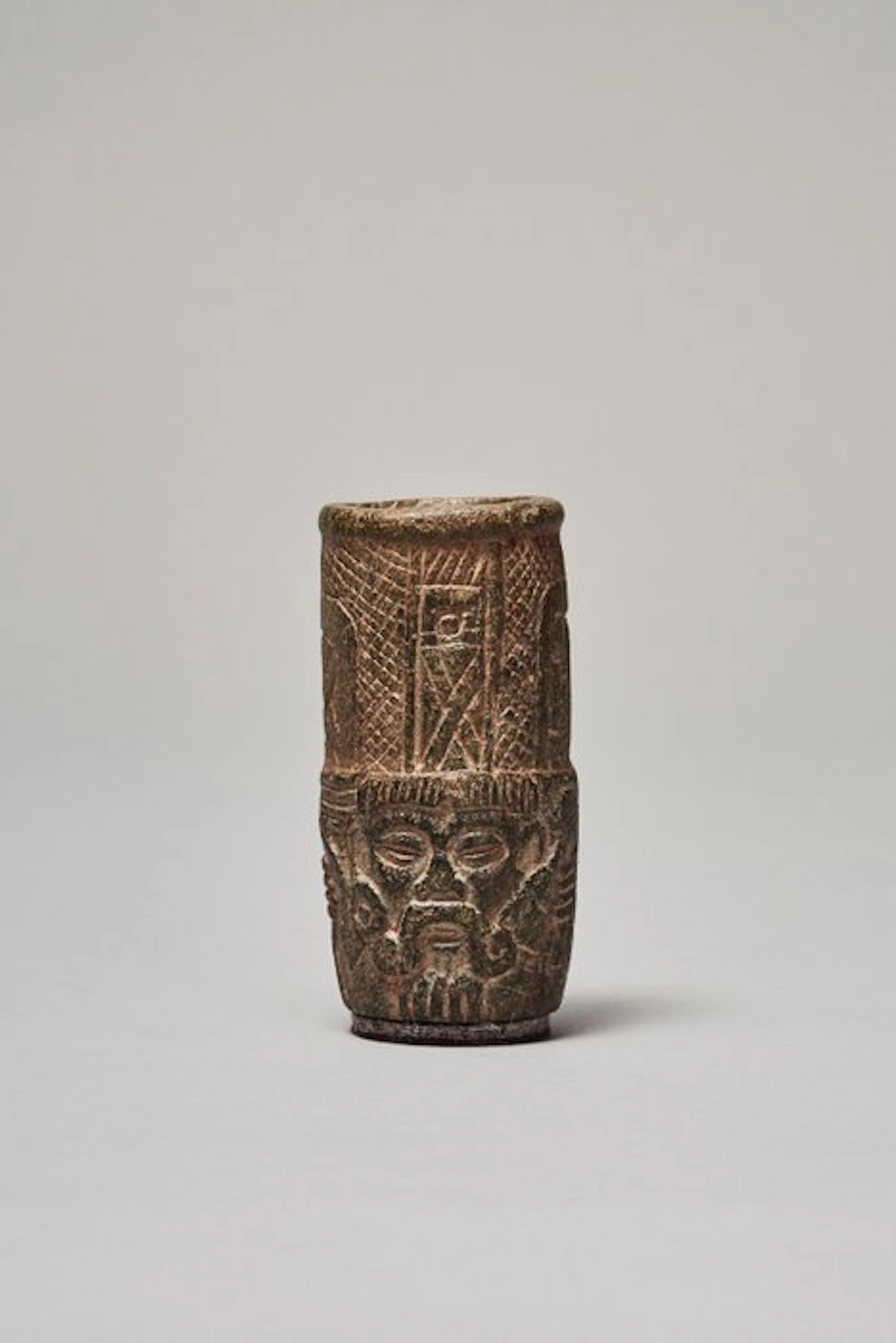 Pre-Columbian - Maya Stone Face Cylinder Vessel With Spanish Export License