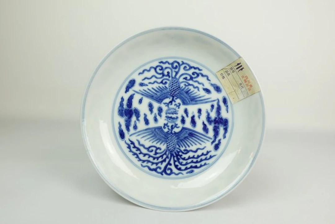 Blue-and-White Double Phoenix Porcelain Plate - Porcelain - China