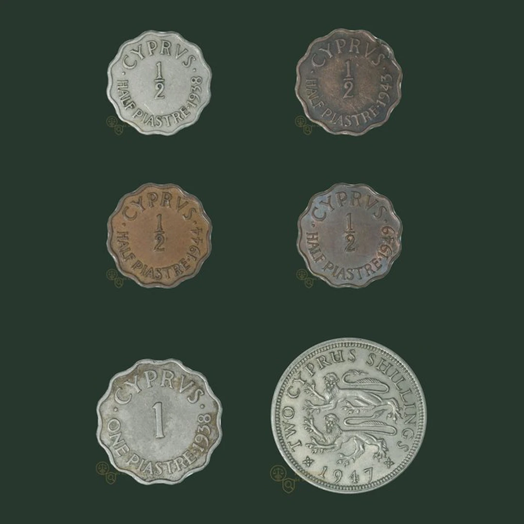 Cyprus. 1/2 en 1 Piastre & 2 Shillings 1938 t/m 1949 (6...