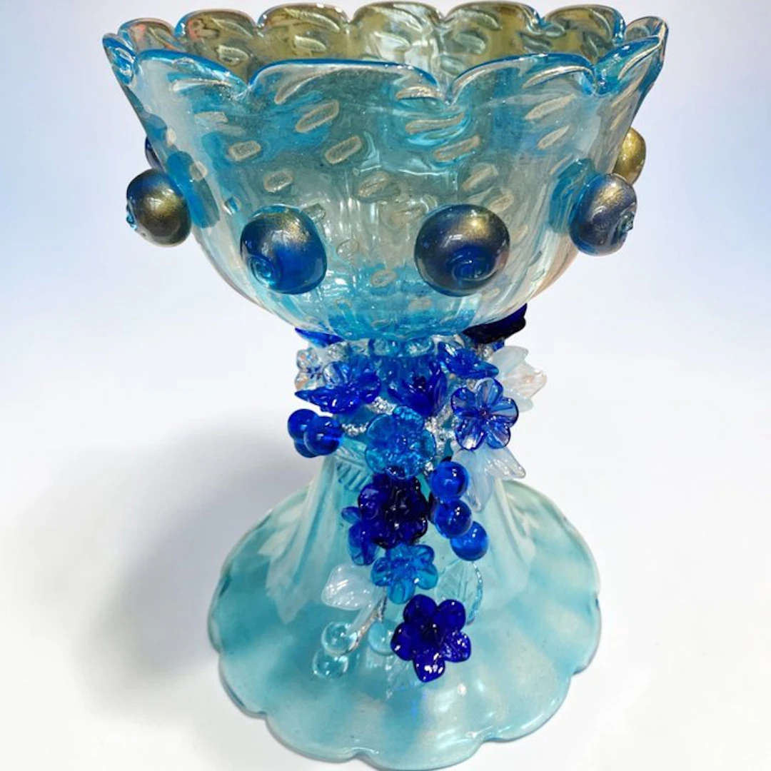 Centrepiece - Murano glass, 24 cm high, Blue Vintage Floral Artistic Cup