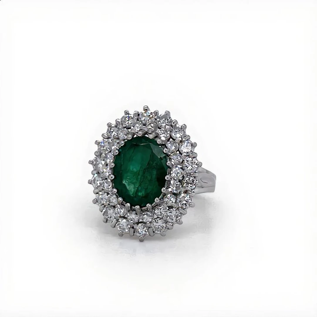 Ring - 18 kt. White gold Emerald - Diamond - Entourage