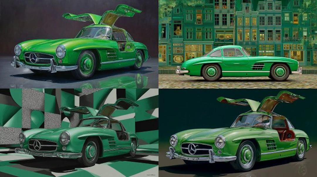 CREATIVE_HUB - Lot of 4 50 x 90 - Green Mercedes SL300 Gullwing in Escher style