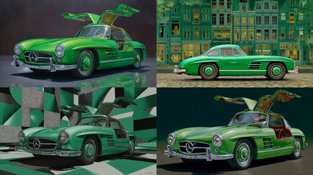 CREATIVE_HUB - Lot of 4 50 x 90 - Green Mercedes SL300 Gullwing in Escher style