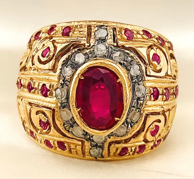No reserve price - Ring - 9 kt. Yellow gold, Silver Ruby - Diamond