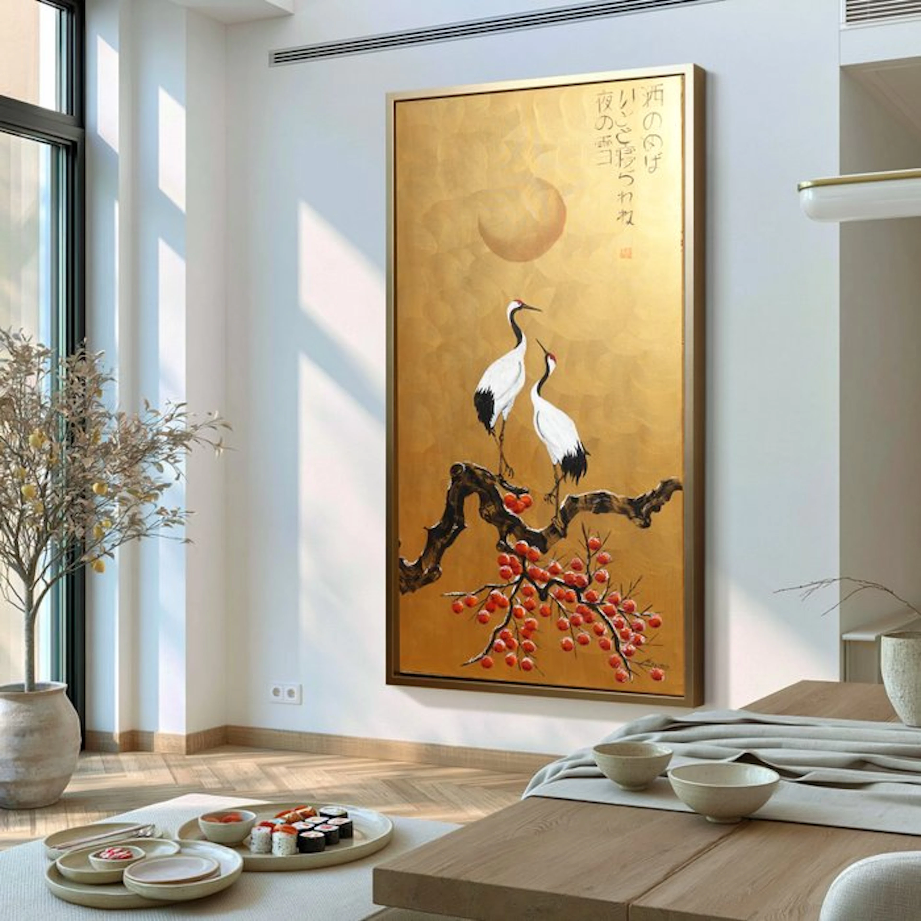 Ksavera - Japanese cranes J573 - gold painting on XXL canvas 210cm