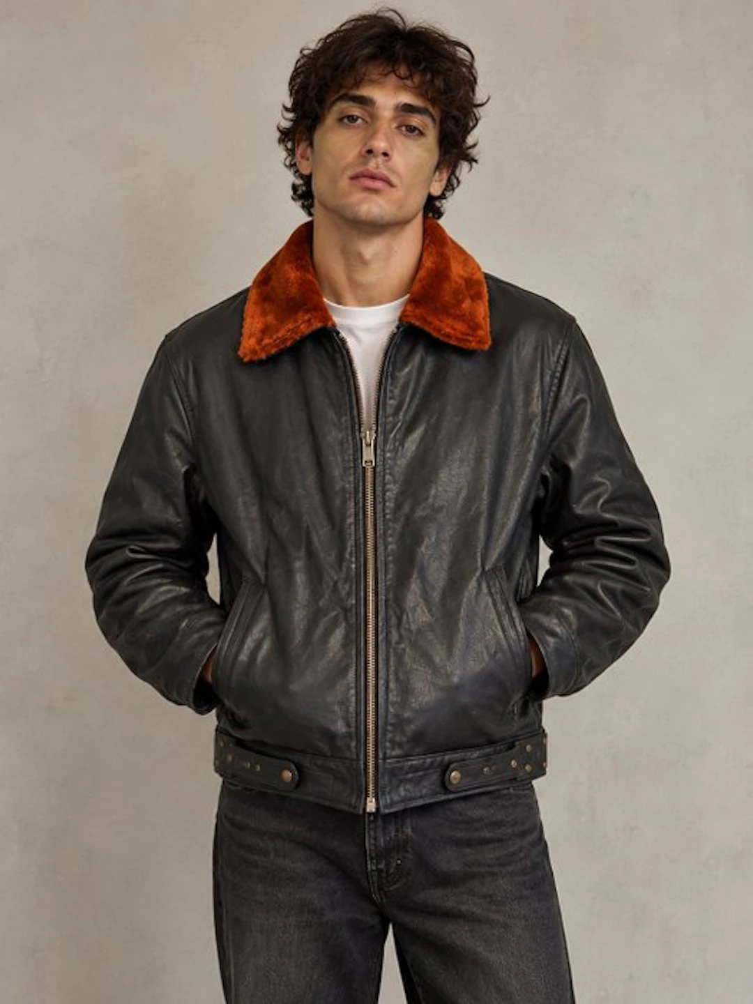 Full Black Biker Leather Jacket With Original Shearling - Leather jacket