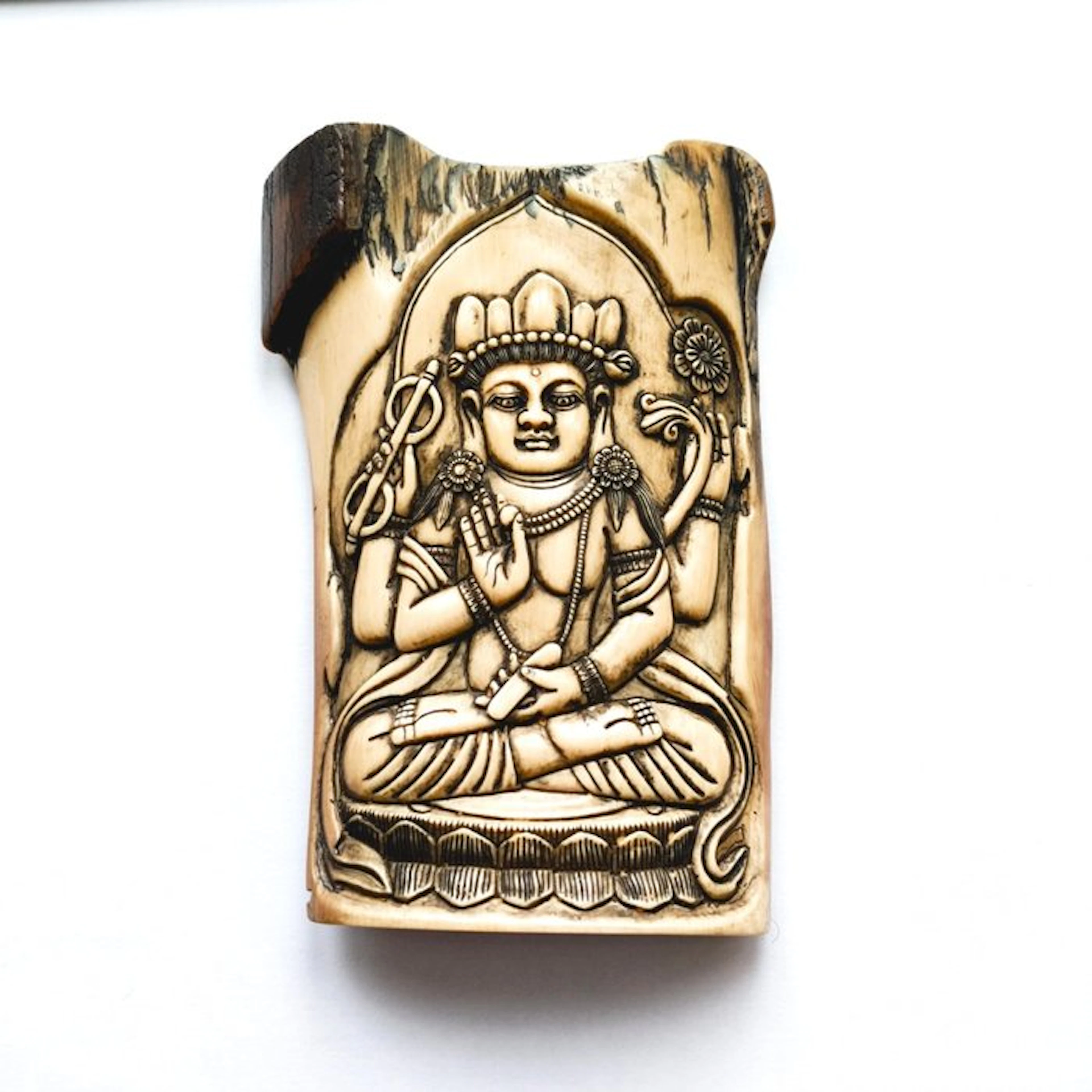 Nepal Bone Praying Avalokiteshvara Deity Panel Relief Bead Talisman - 125 mm