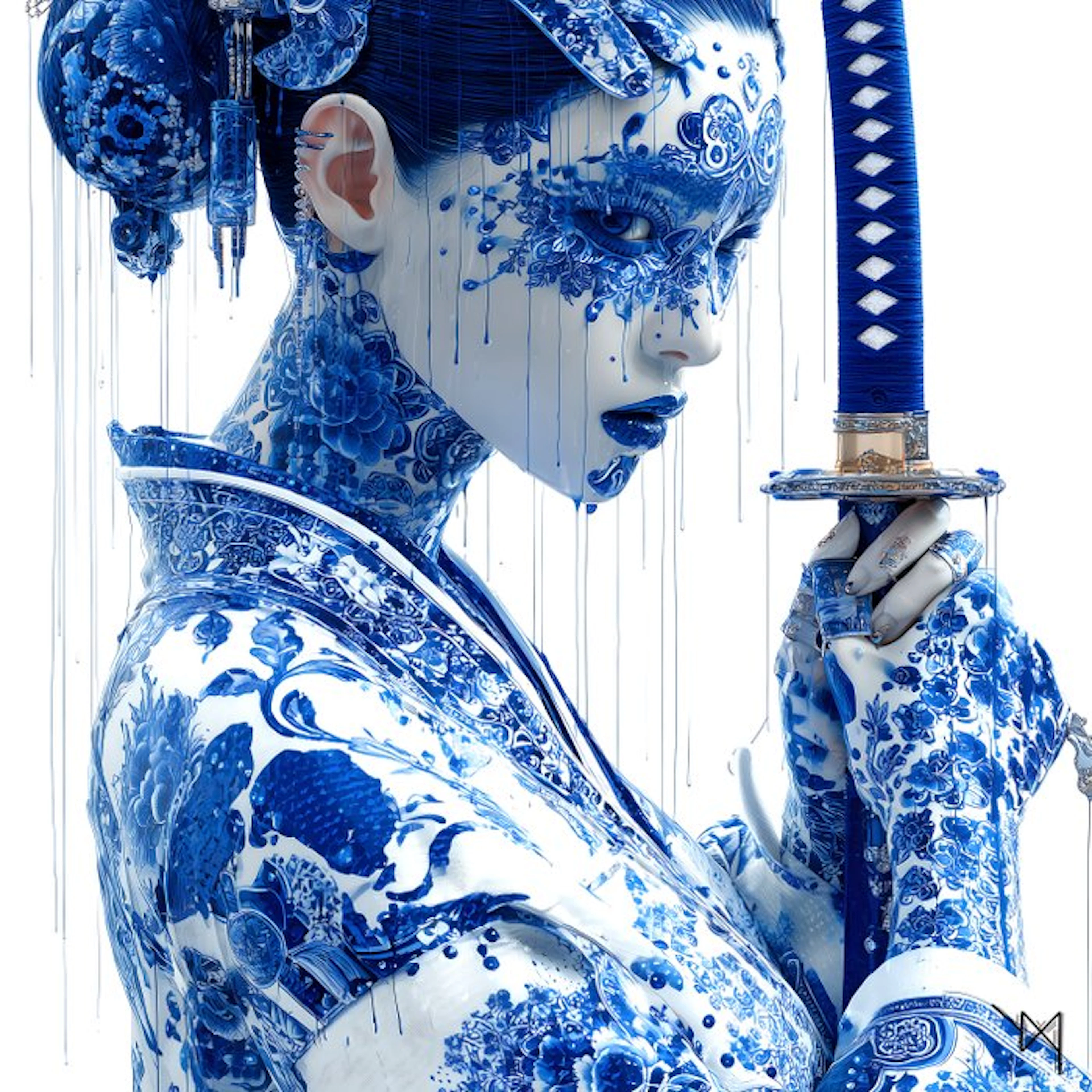 NYX - Porcelain Samurai – Blue & White Geisha – 60 × 60 cm