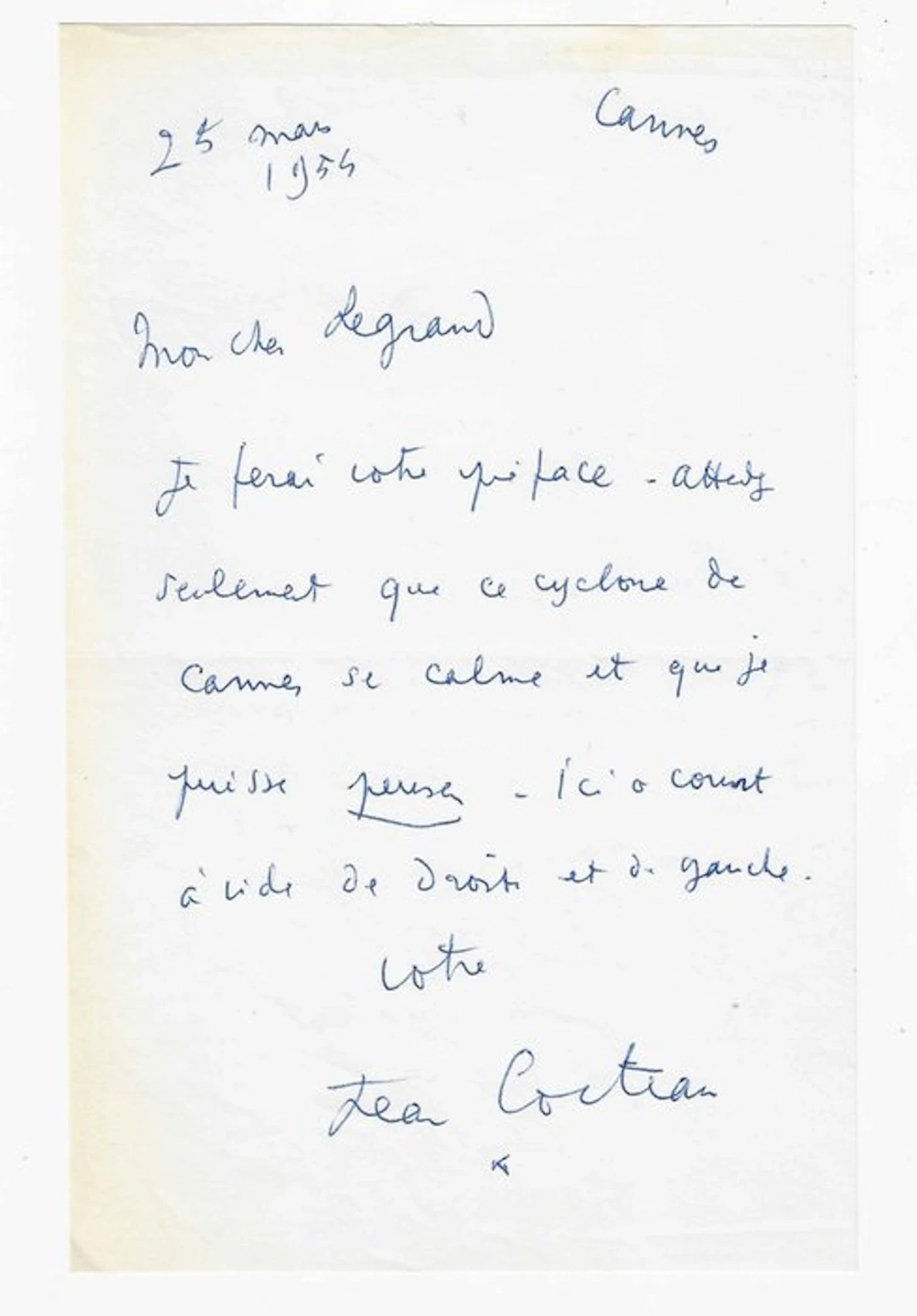 Jean Cocteau - lettre autographe signée - 1954