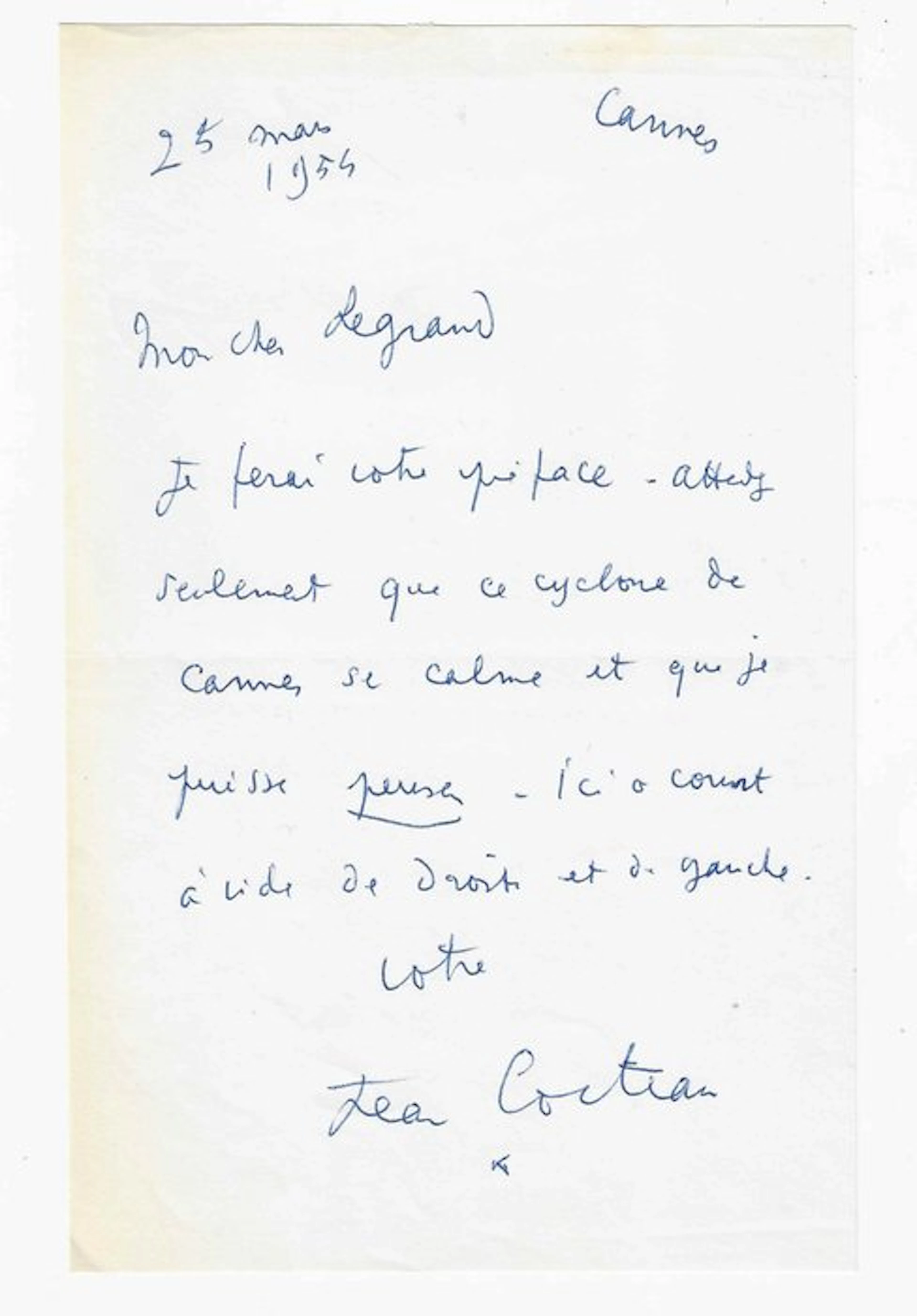 Jean Cocteau - lettre autographe signée - 1954