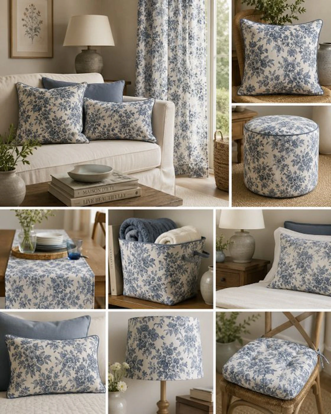 Elegant blue cretonne fabric in Toile de Jouy with a classic floral pattern