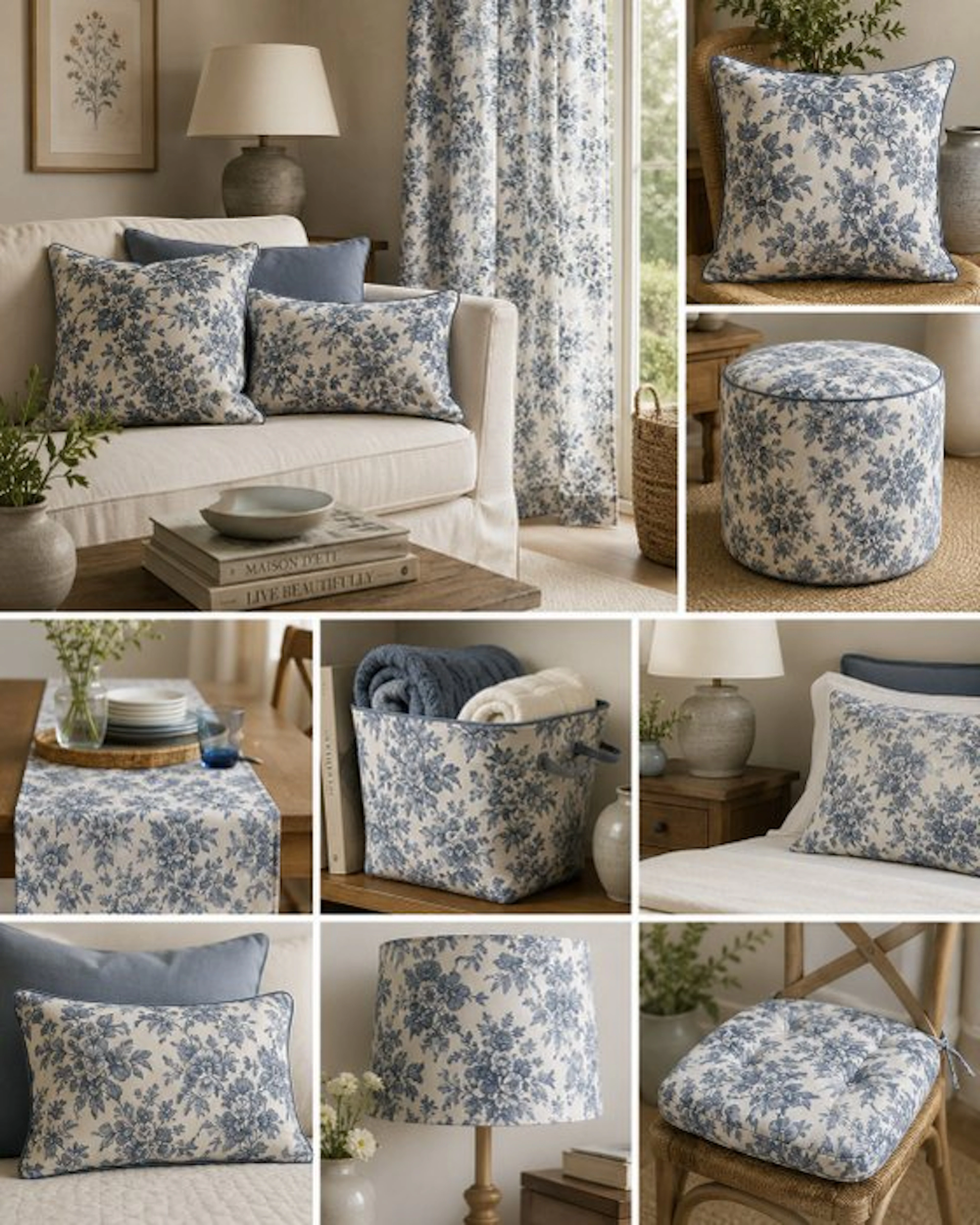 Elegant blue cretonne fabric in Toile de Jouy with a classic floral pattern