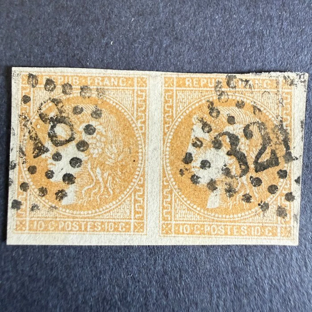 France - Yvert 43A "Bordeaux 10c brown" as a pair, canceled. TB.