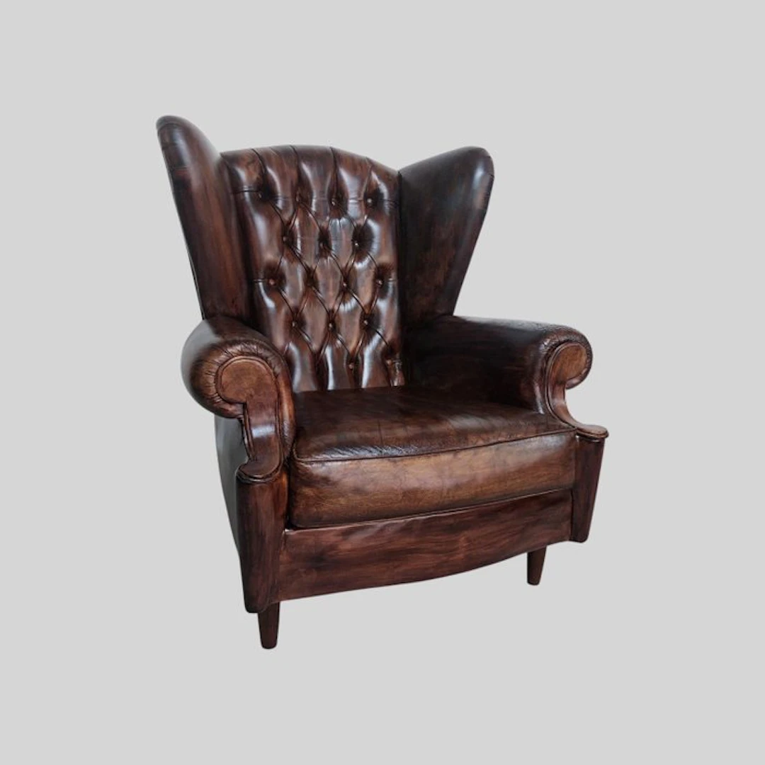 Chesterfield style - Armchair - Shepherdess - Leather, Wood - VINTAGE
