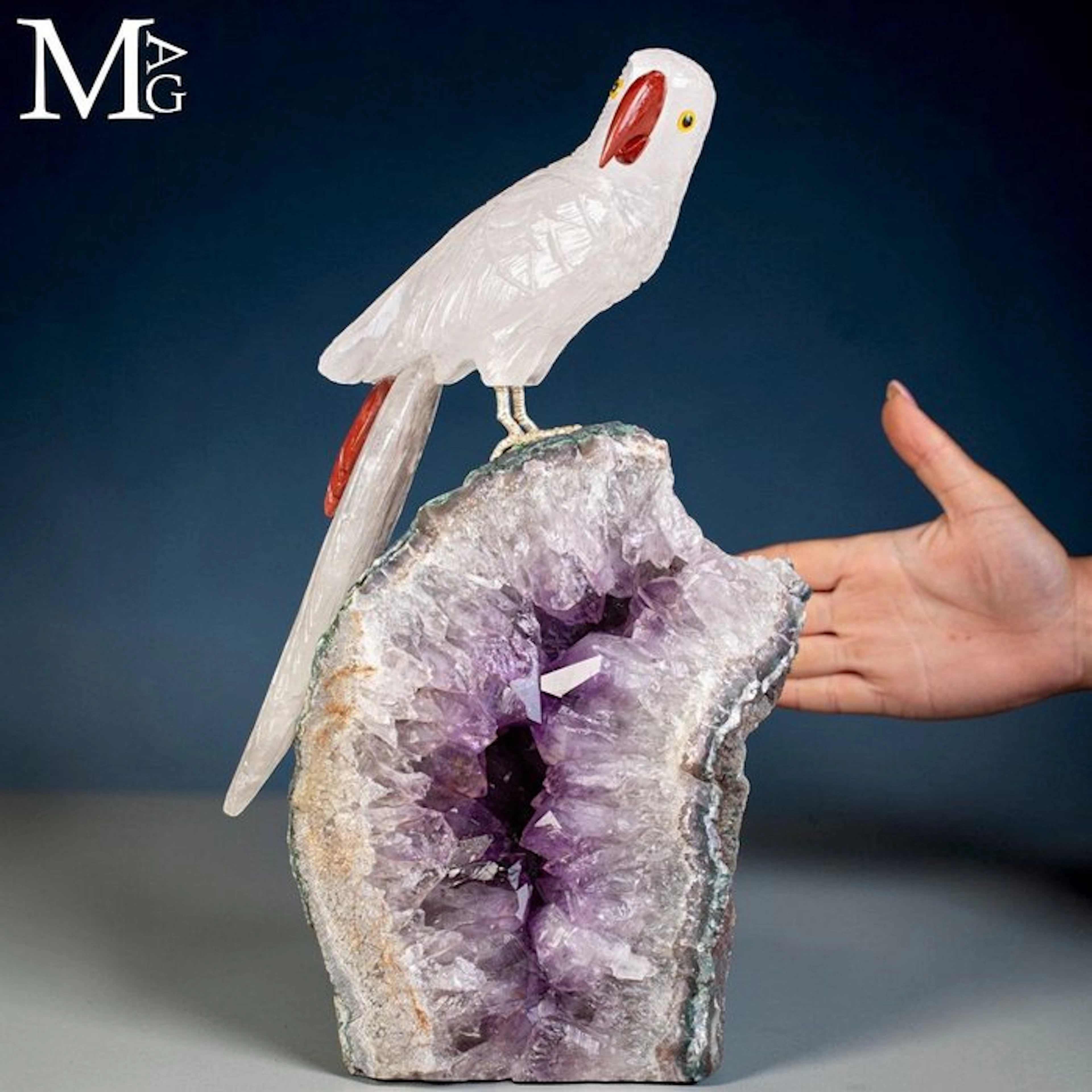 Parrot carved in clear quartz on a base of amethyst geode
