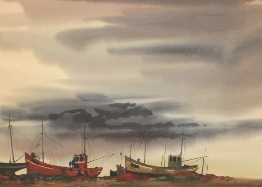 Rafael Ortiz Alfau (1935-2000) - Marina con barcas de pesca