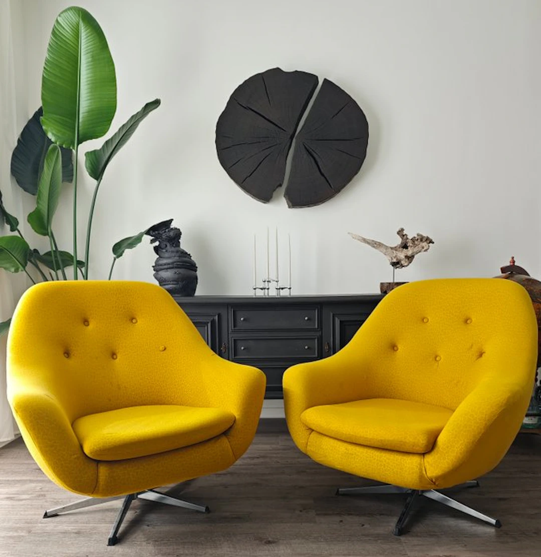 Lounge-stol - Bomull, Trä, Metall - Två loungestolar i mid-century-stil från 1970-talet