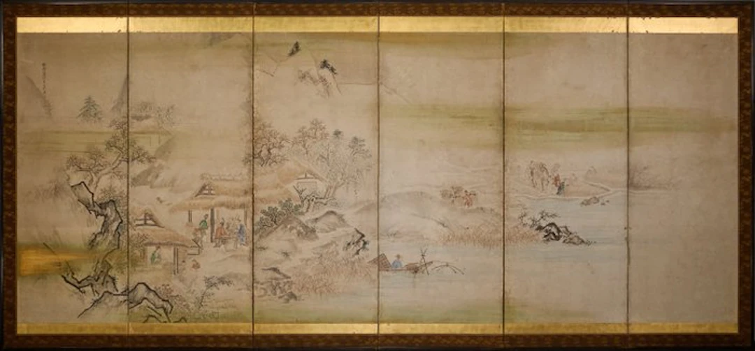A six-panel folding screen depicting a riverside...