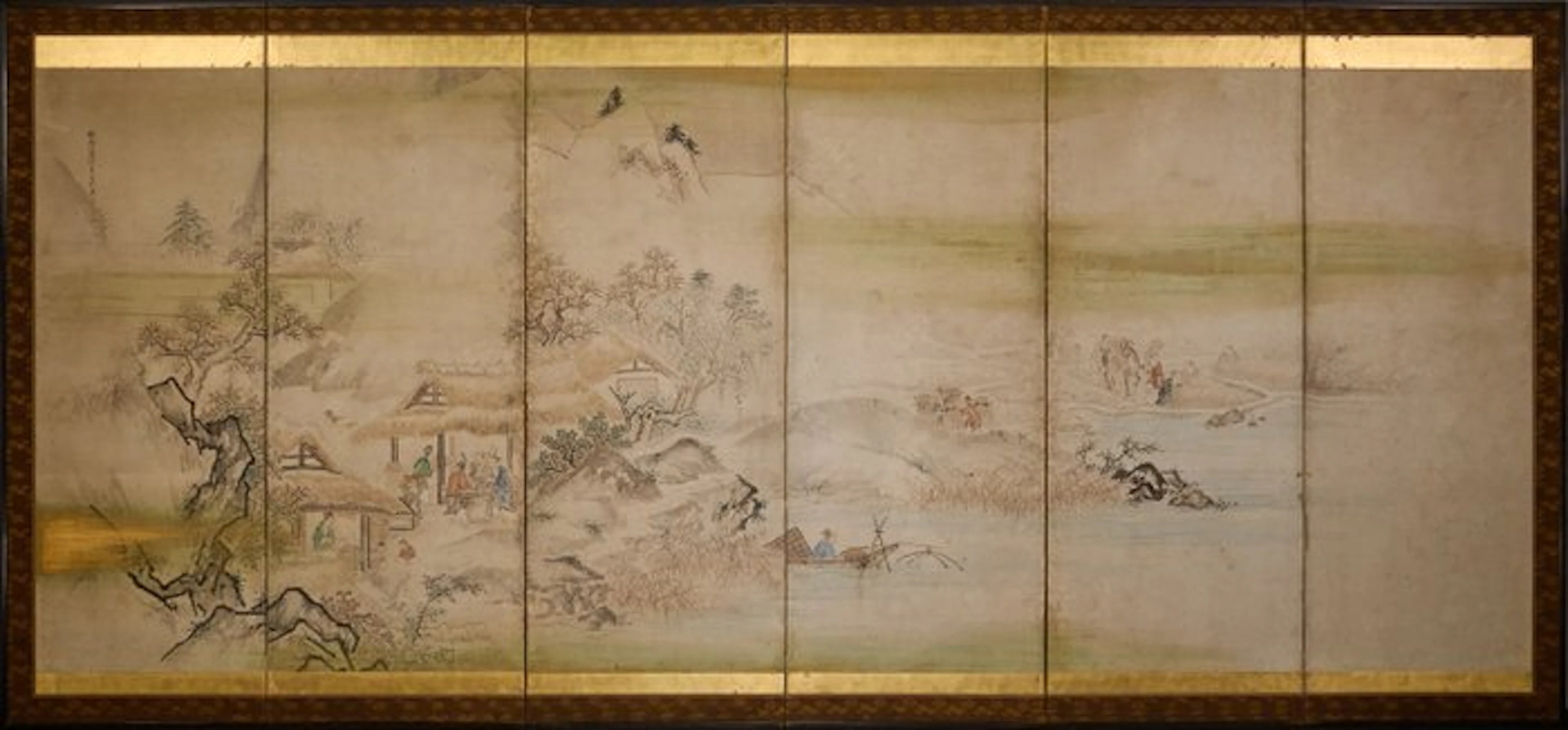 A six-panel folding screen depicting a riverside...