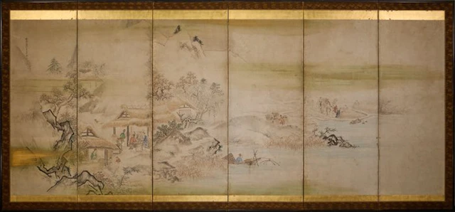 A six-panel folding screen depicting a riverside...