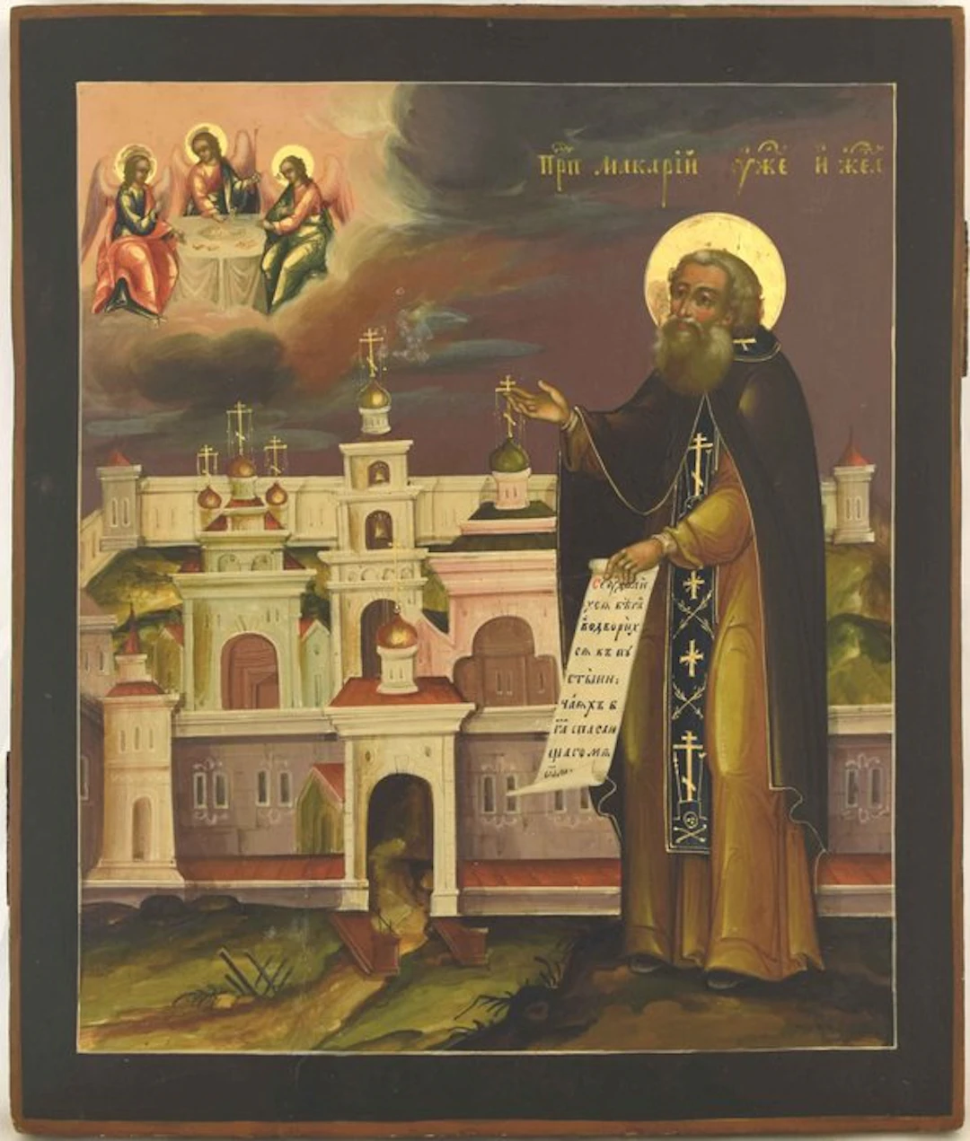 Icon - VERY RARE AND QUALITY ICON OF Saint Makarij with church