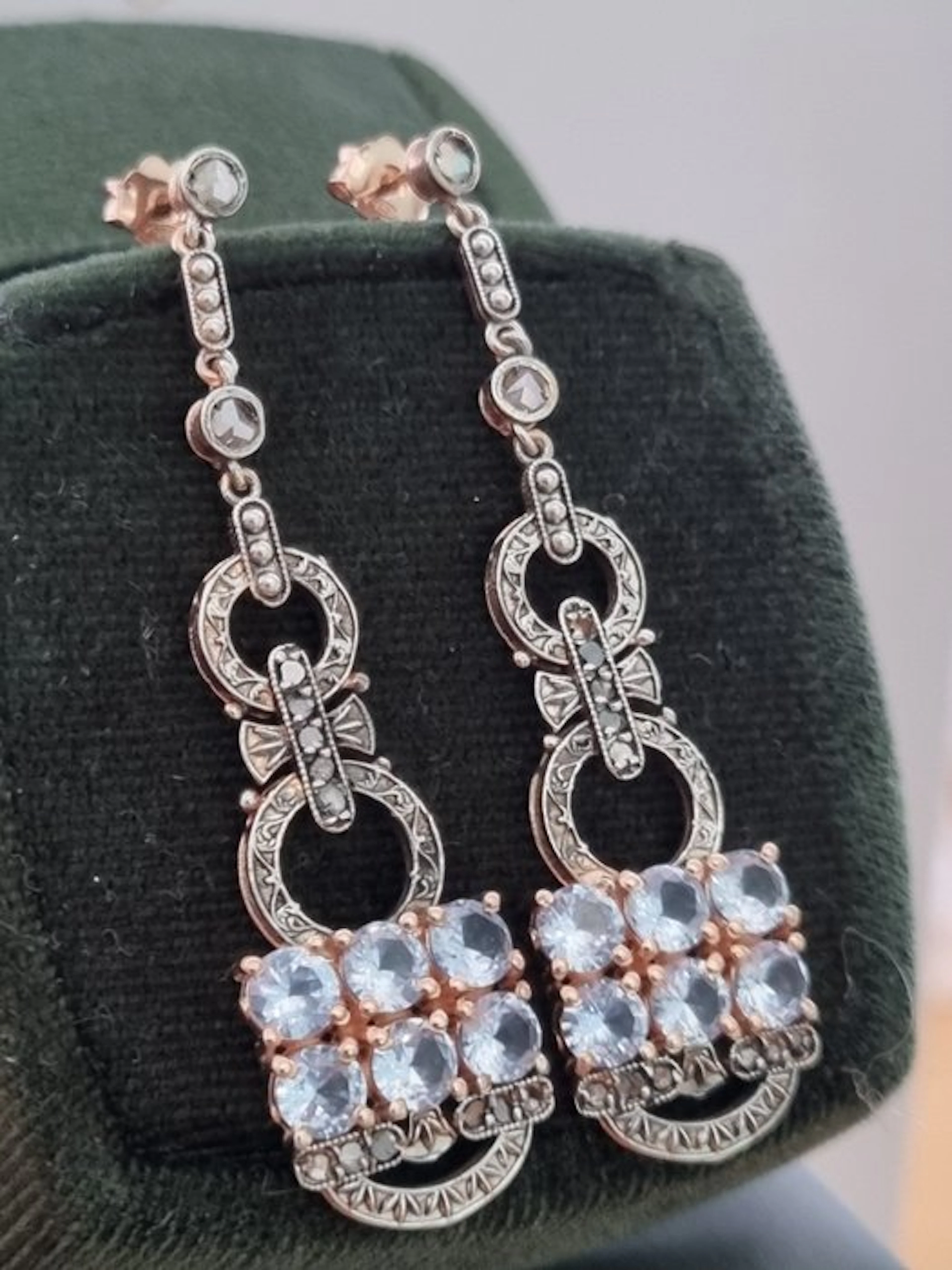 No reserve price - Earrings - 9 kt. Silver, Rose gold Aquamarine - Diamond