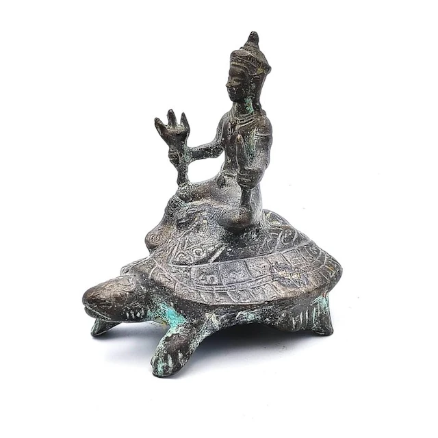 Ancient Indochinese Bronze Sitting Deity Riding A Turtle...