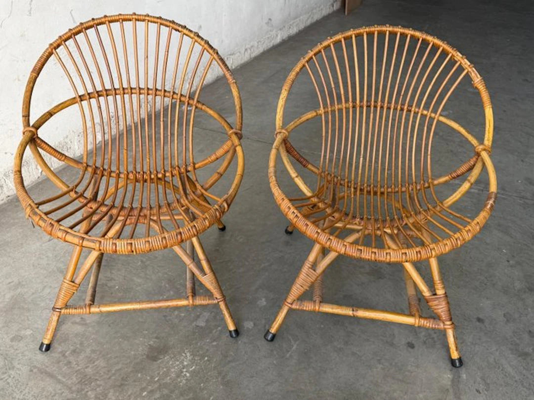 Armchair - Bamboo, Rattan - Pair of vintage armchairs in woven rattan.