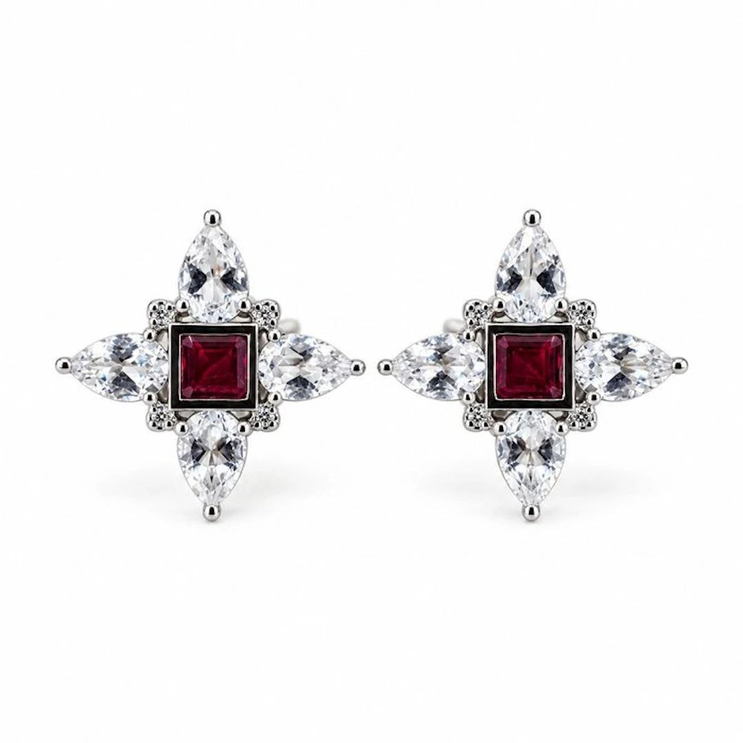 No reserve price - Earrings Gold-plated Ruby - Diamond - 18kt Gold Plated
