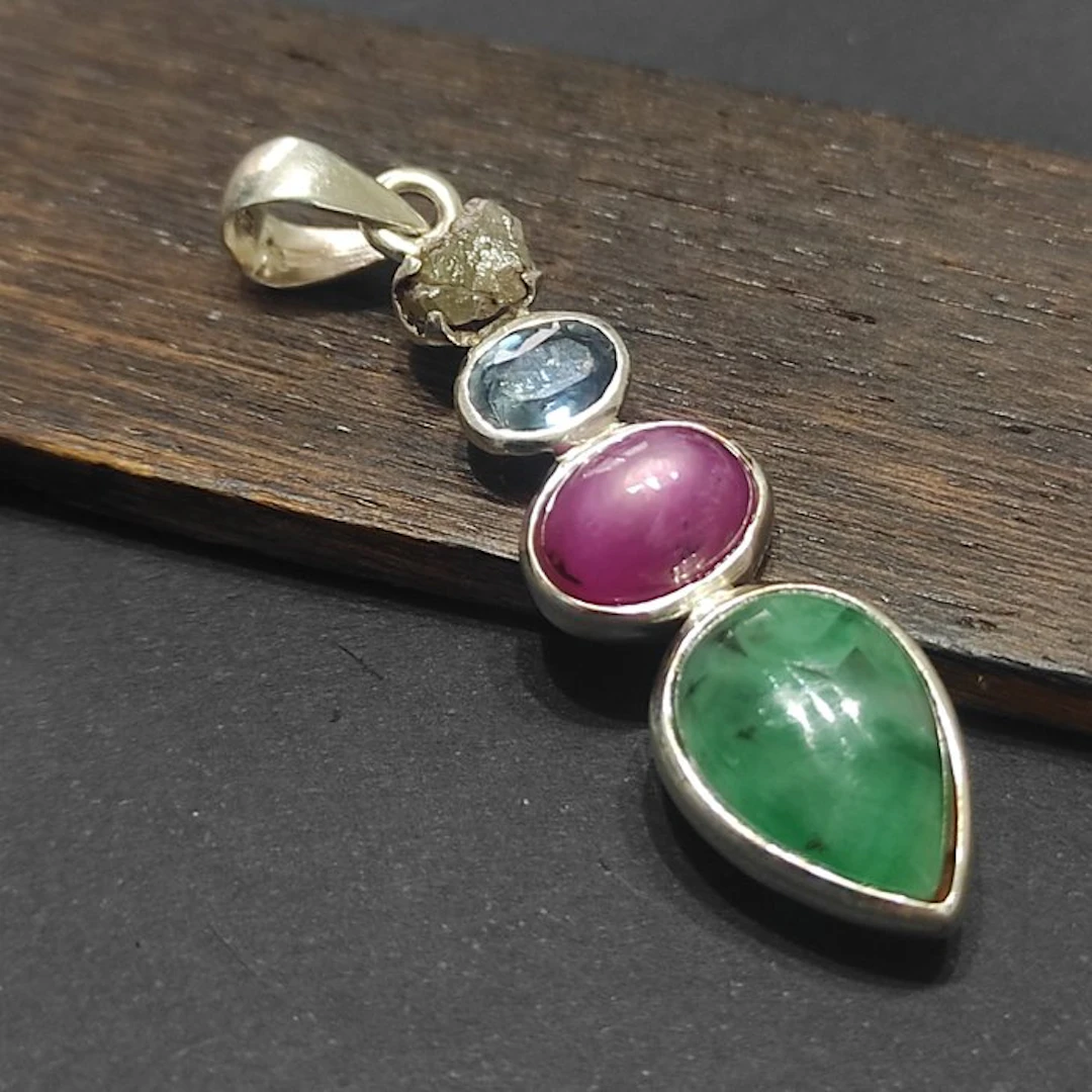 Emerald Ruby Turquoise with Rough Diamond Sterling silver...