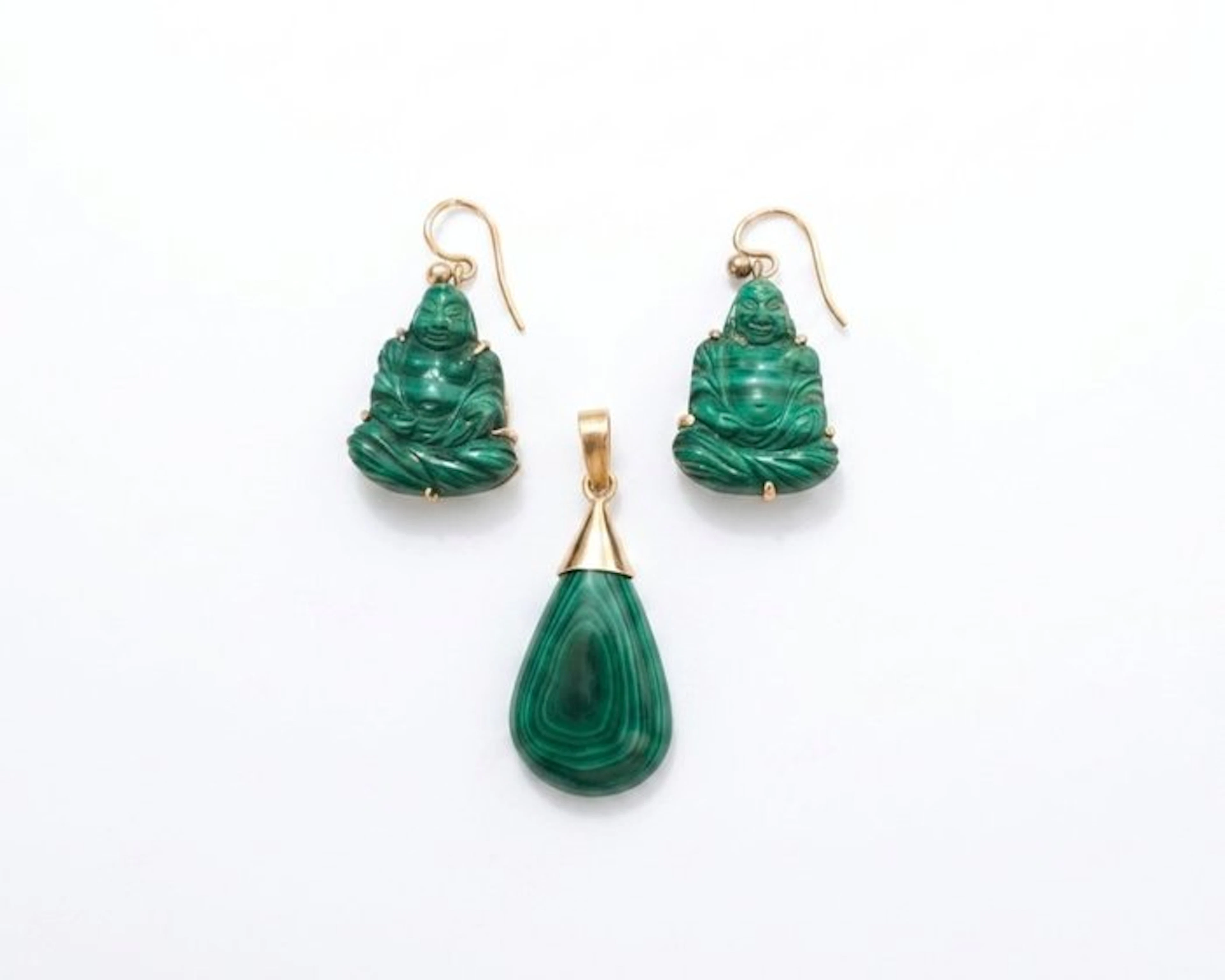 2 piece jewellery set - 14 kt. Yellow gold - Buddha - Malachite Stone