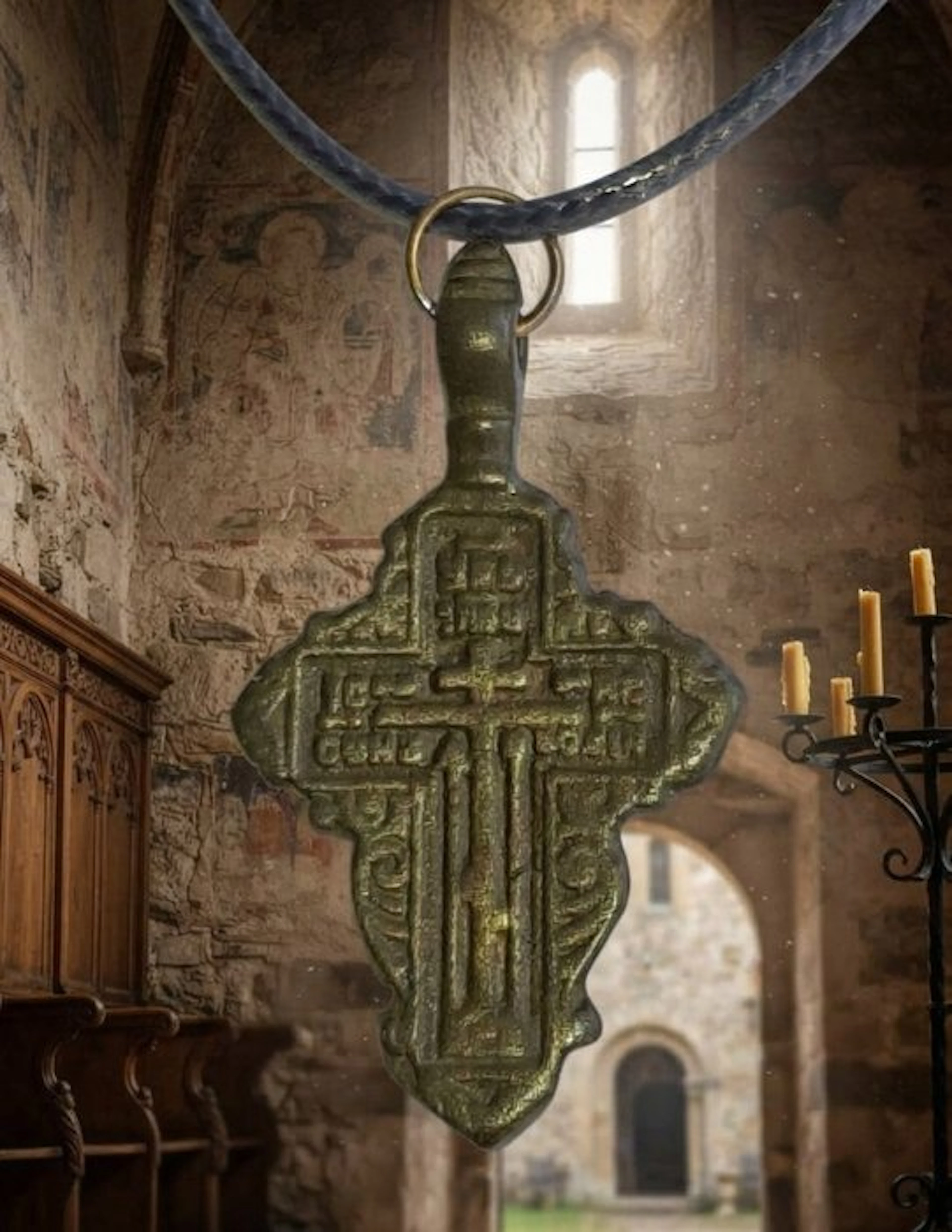 Medieval Bronze pectoral cross featuring the Cross of Golgotha ​​and a prayer