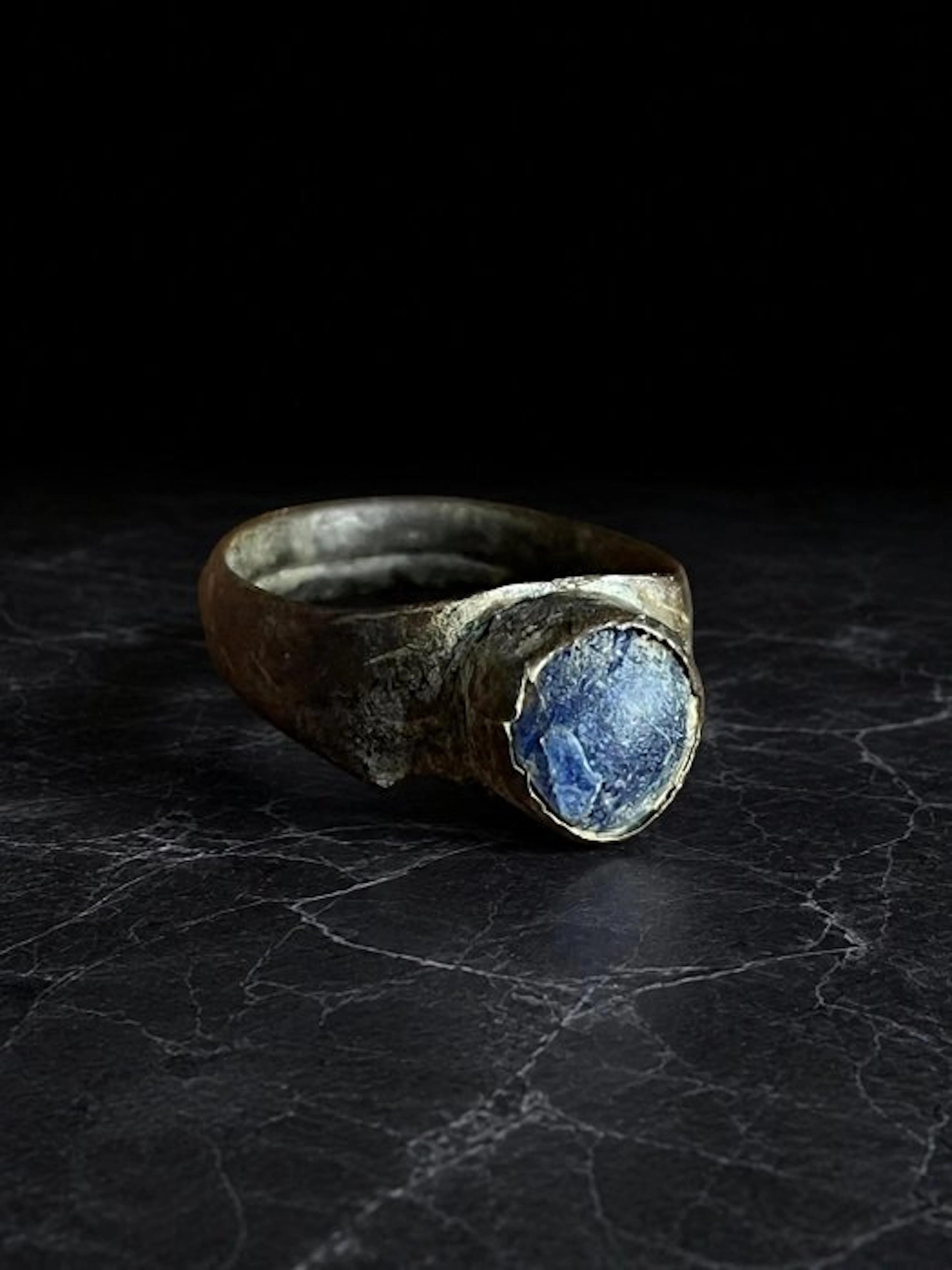 Ancient Roman, Empire Bronze Ring with Blue Glass Cabochon 2nd to