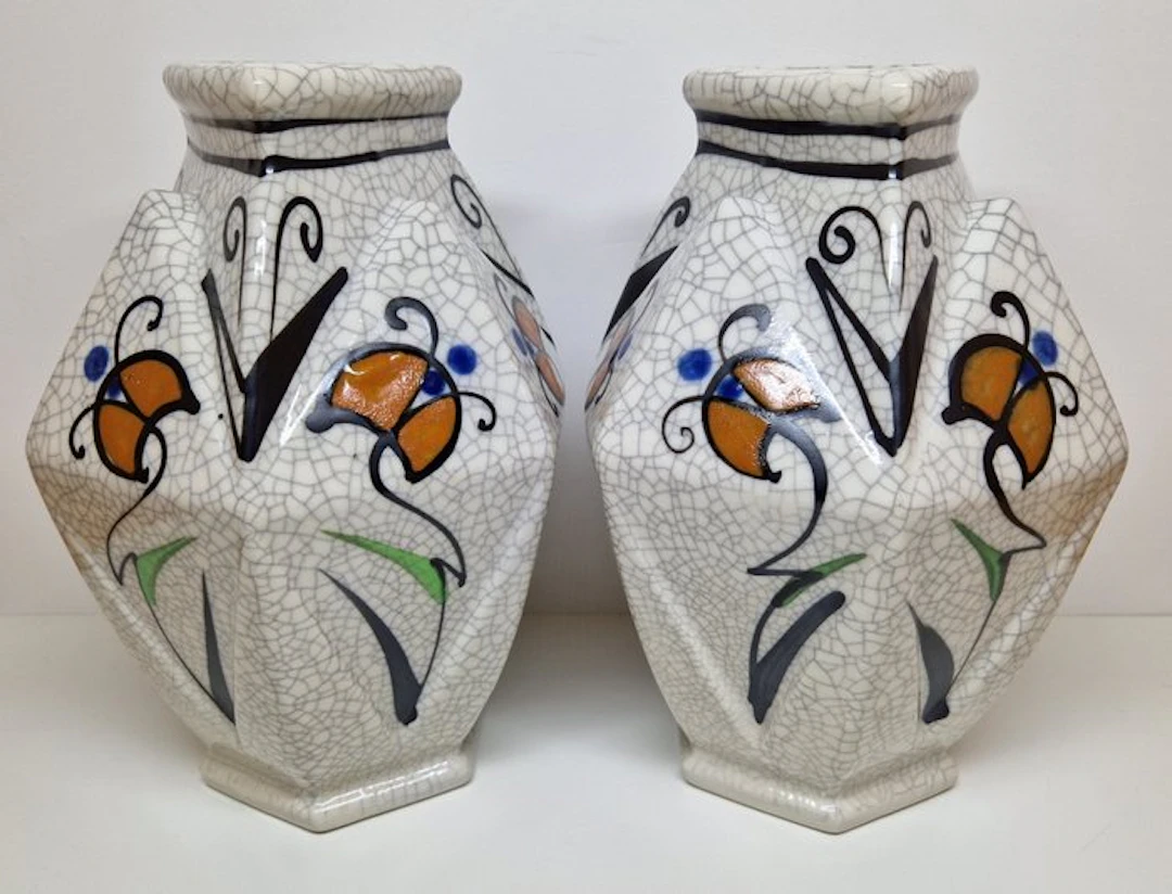 Baluster vase (2) - MCM in Art Deco style - Earthenware - Hexagon vases