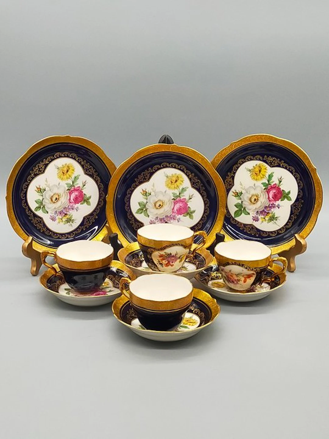 Lindner - Coffee set - Echt Cobalt Ätzgold Prunk-Sammelgedeck - Porcelain