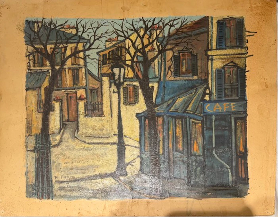 D. Farbe (XX) - Vue de Paris, Café- Huile sur carton