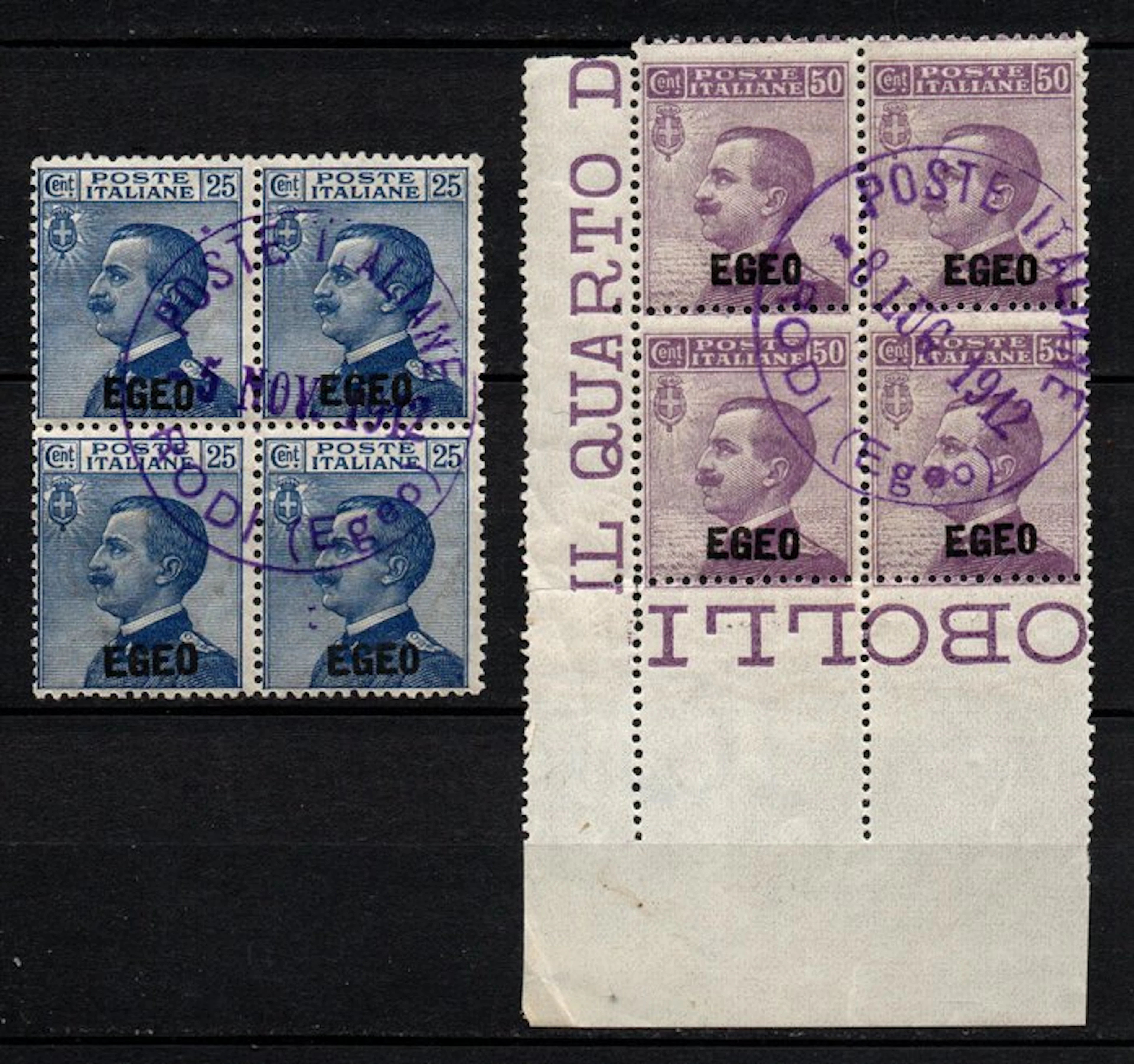 Italian Aegean Islands - general issues 1912 - 1912 four-stamp blocks canceled