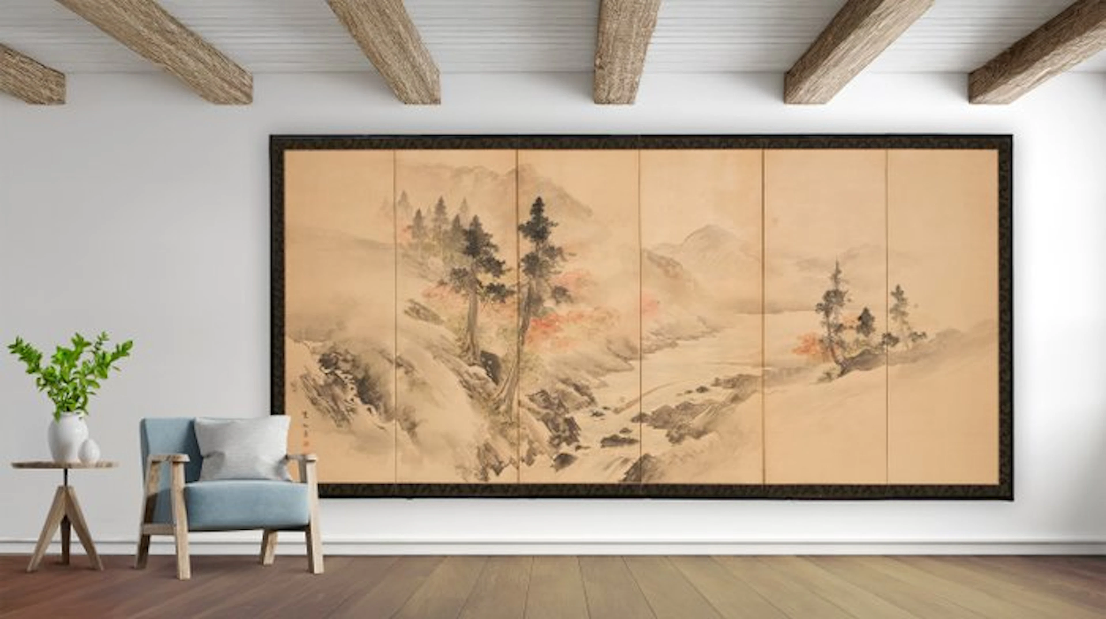Folding screen with Nanga-style landscape - Paper
