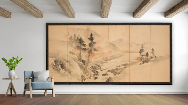 Folding screen with Nanga-style landscape - Paper