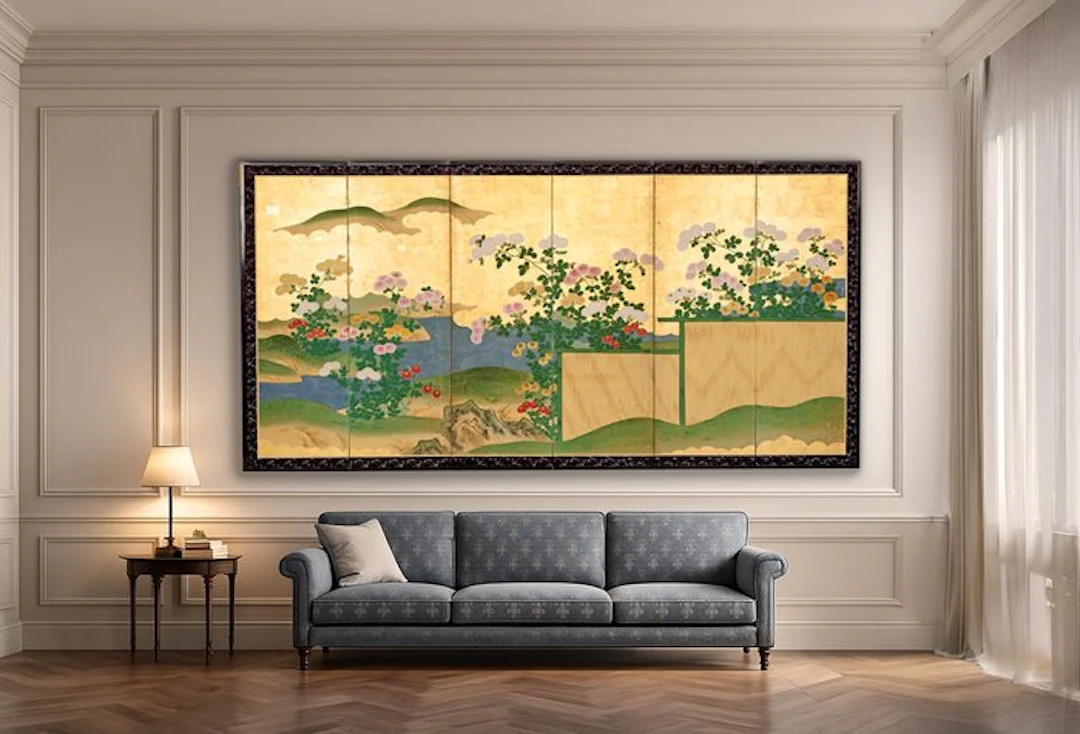 Folding screen with chrysanthemum garden - Mulberry paper