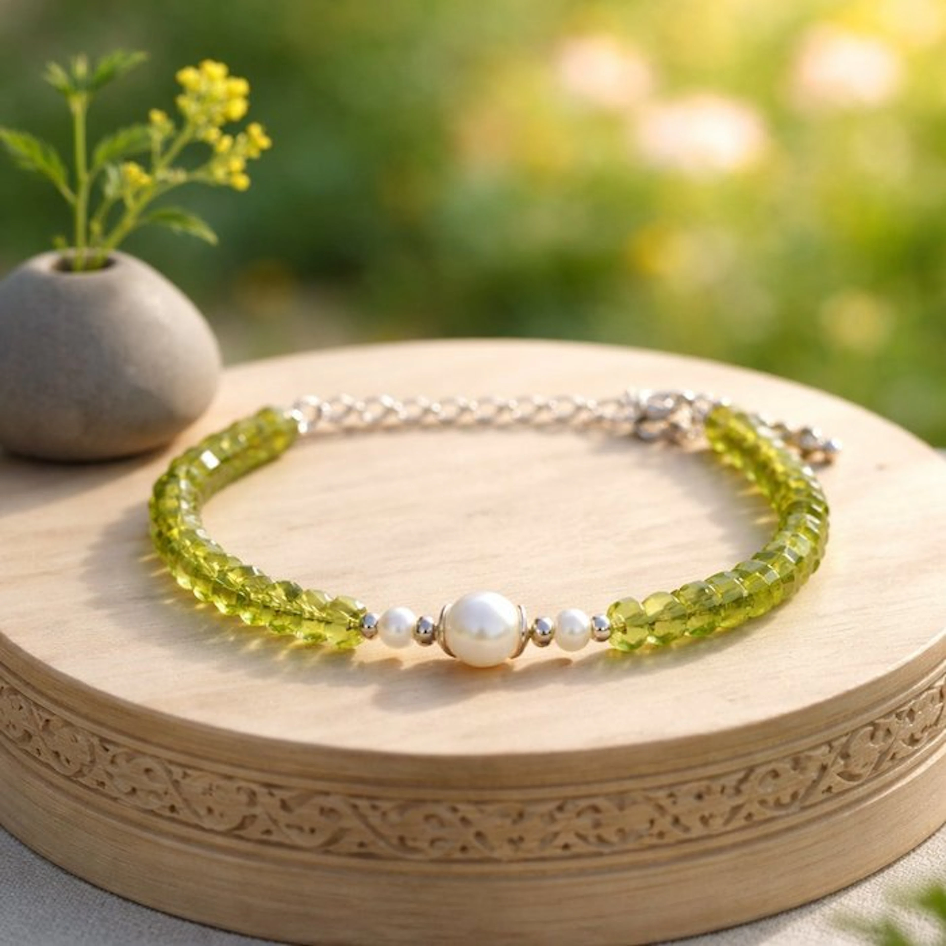 Pearl - Silver - Bracelet - Akoya pearls, peridot